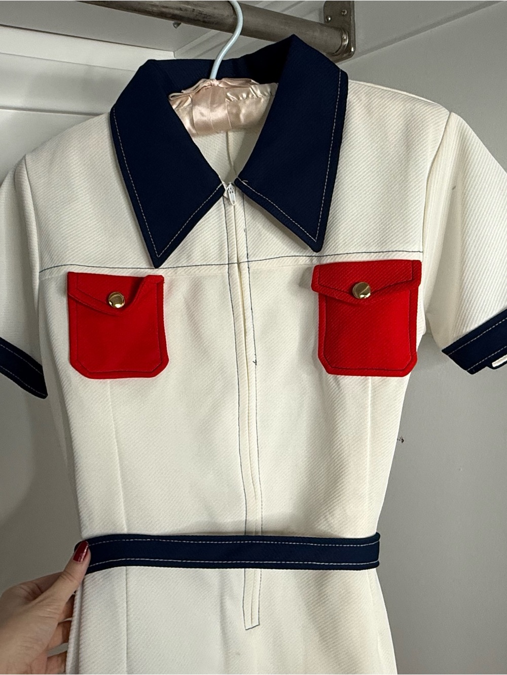 Vintage White Romper Playsuit with Navy Trim & Red Pocket Accents - size small - Picture 2 of 5